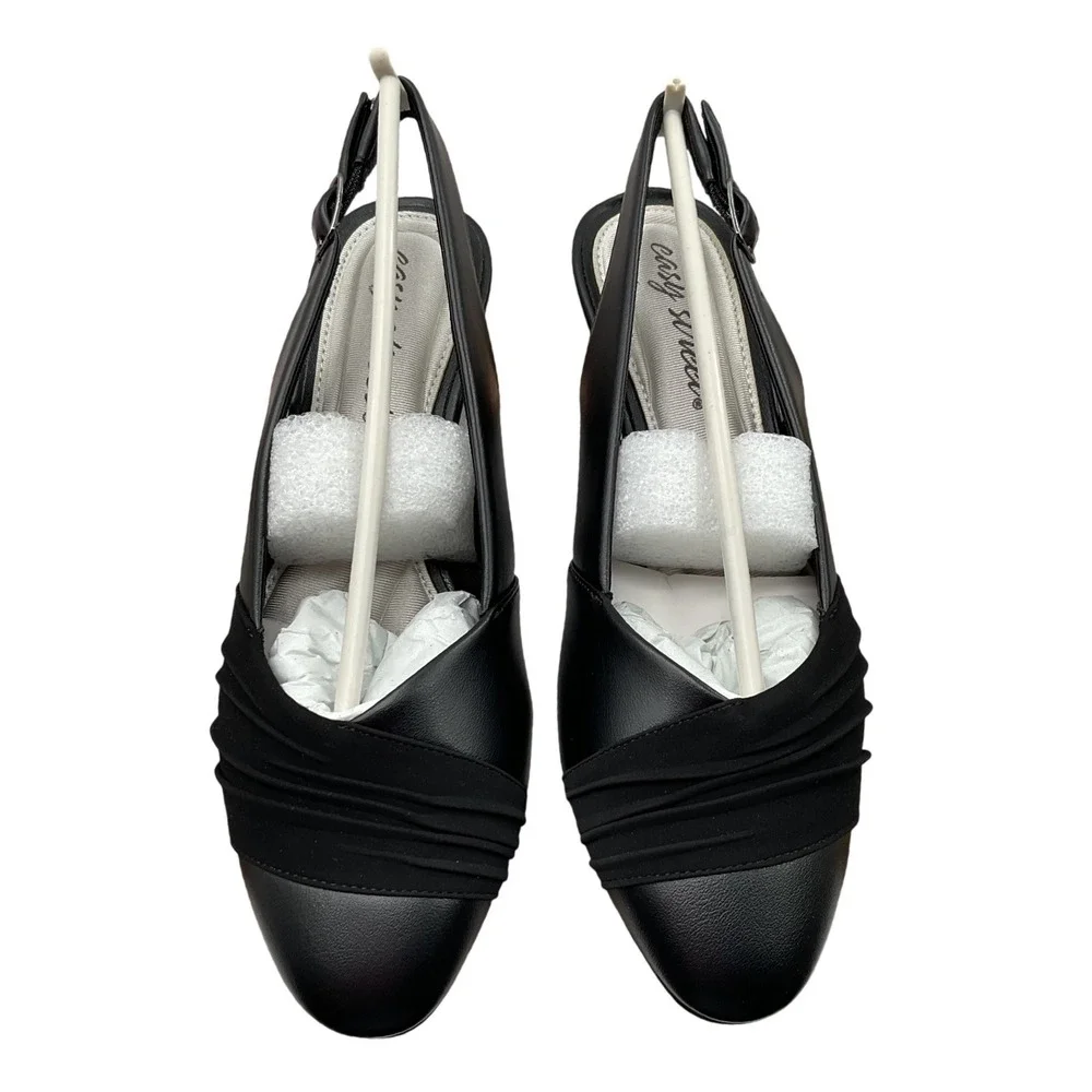 Easy Street Womens Black Ruched Slingback Block Heel Pumps 31-7761 Size 6M